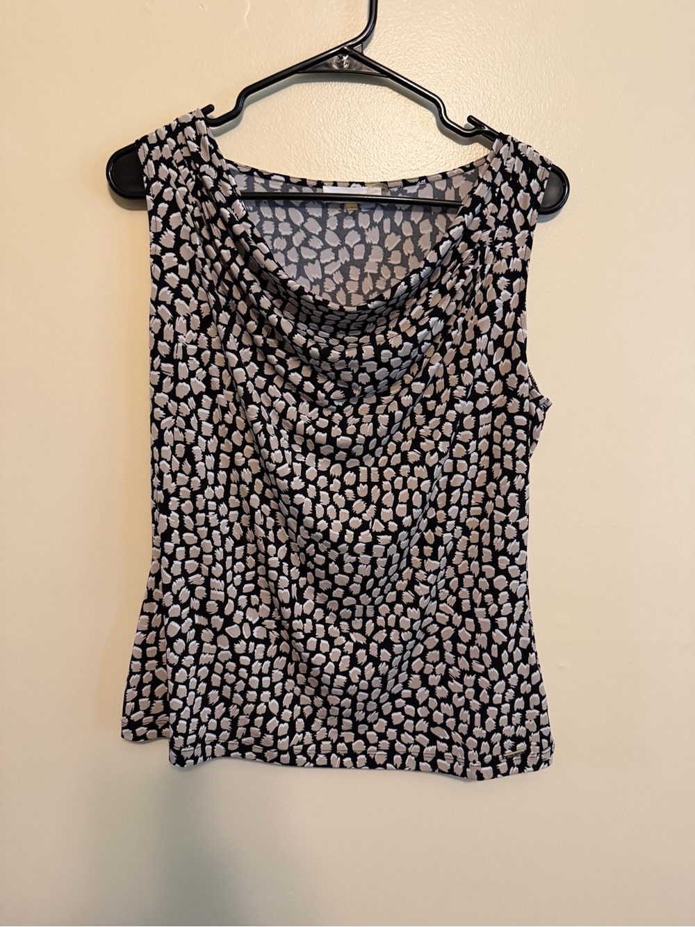 Calvin Klein Black Sleeveless Cowl Neck Top with Cream Spot Print